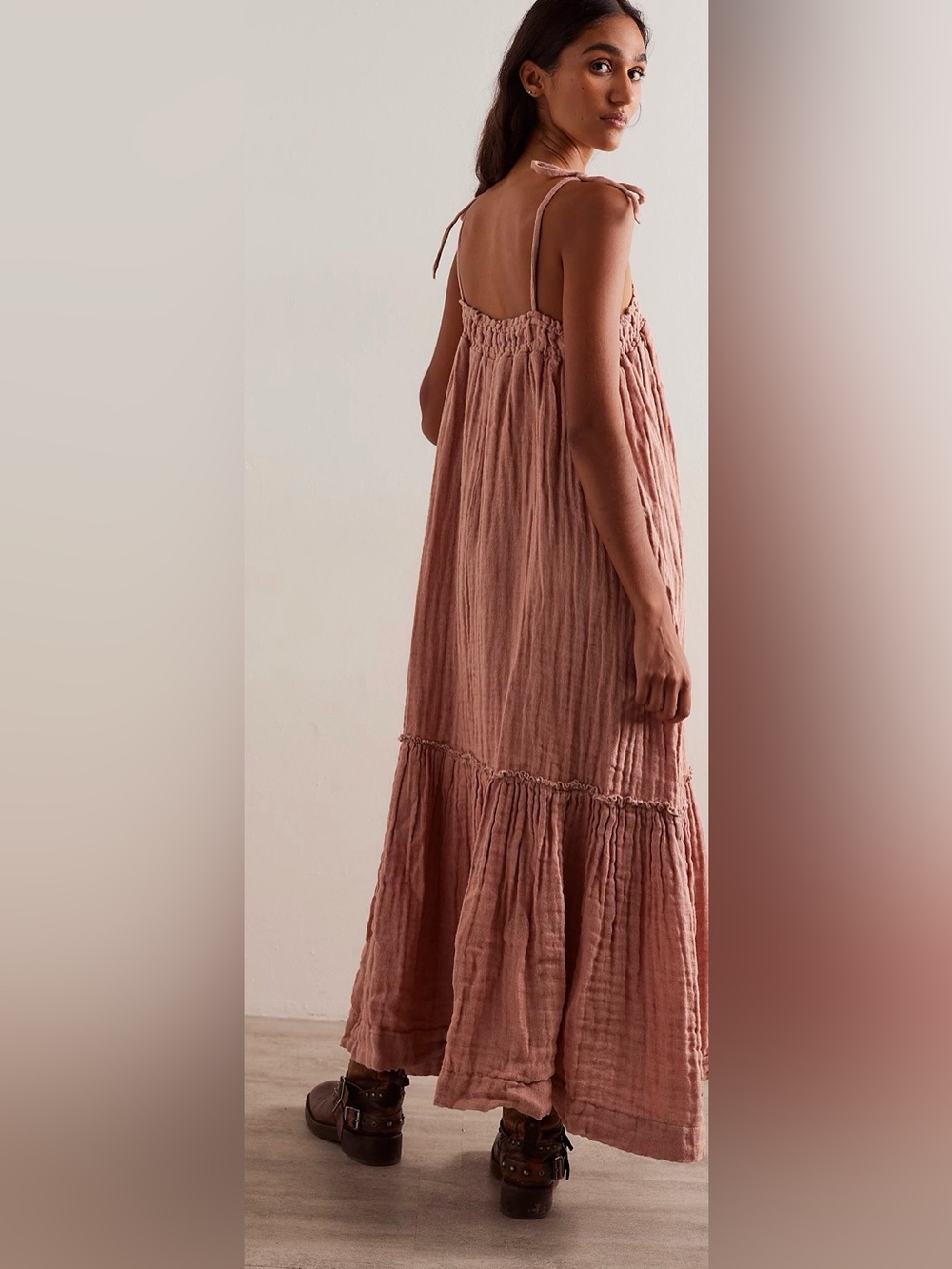 Free People Into The Blue Linen Smocked Maxi Dress in Dusty Blush - Picture 2 of 9